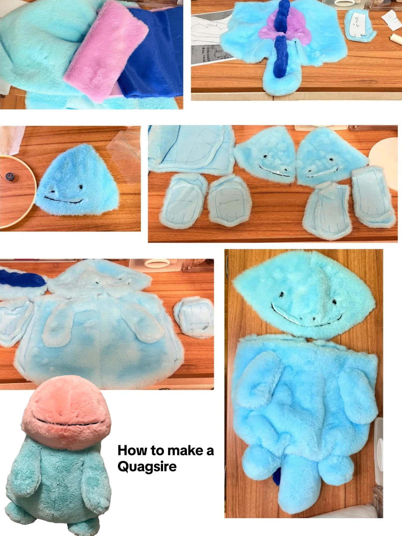 A collage of photos showing a plush Quagsire toy and matching blue hooded outfit being assembled or displayed on a wooden surface. The collage includes close-ups of the blue fuzzy body, pink hood, small accessories, and one view of the assembled plush from the back with text reading 'How to make a Quagsire.