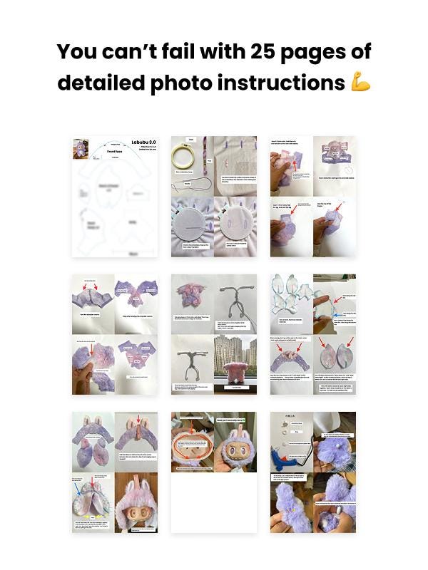 Labubu Sewing Pattern PDF (Video Tutorial Included), Cute Plush Toy Pattern, Fantasy Creature Plush DIY, Bag Charm Sewing Pattern