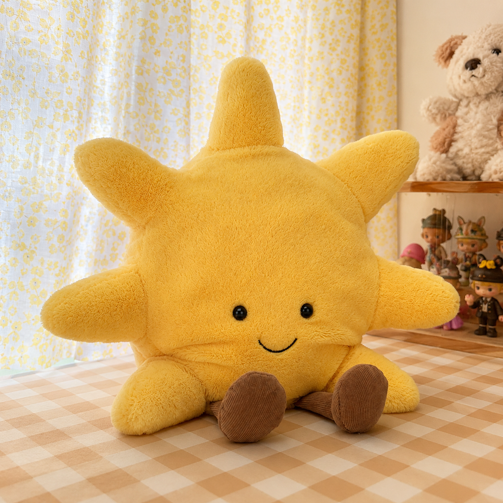 A yellow plush sun toy with a smiling face and brown feet, sitting on a beige-and-white checkered blanket in front of yellow floral curtains.