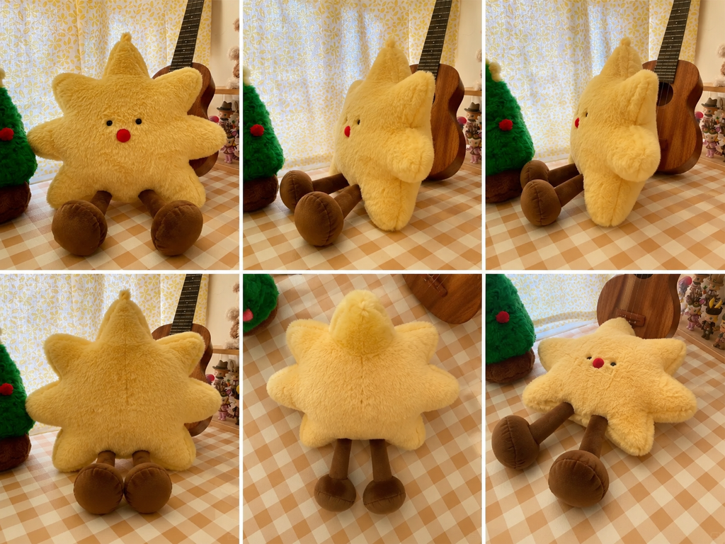 A six-panel collage showing a jellycat plush star-shaped toy from multiple angles. The toy is pale yellow with brown legs and feet, a small red nose, and embroidered eyes and mouth.