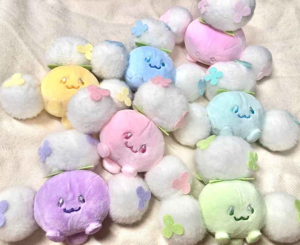 Jumpluff-inspired plush made from pastel minky and fluffy white fabric