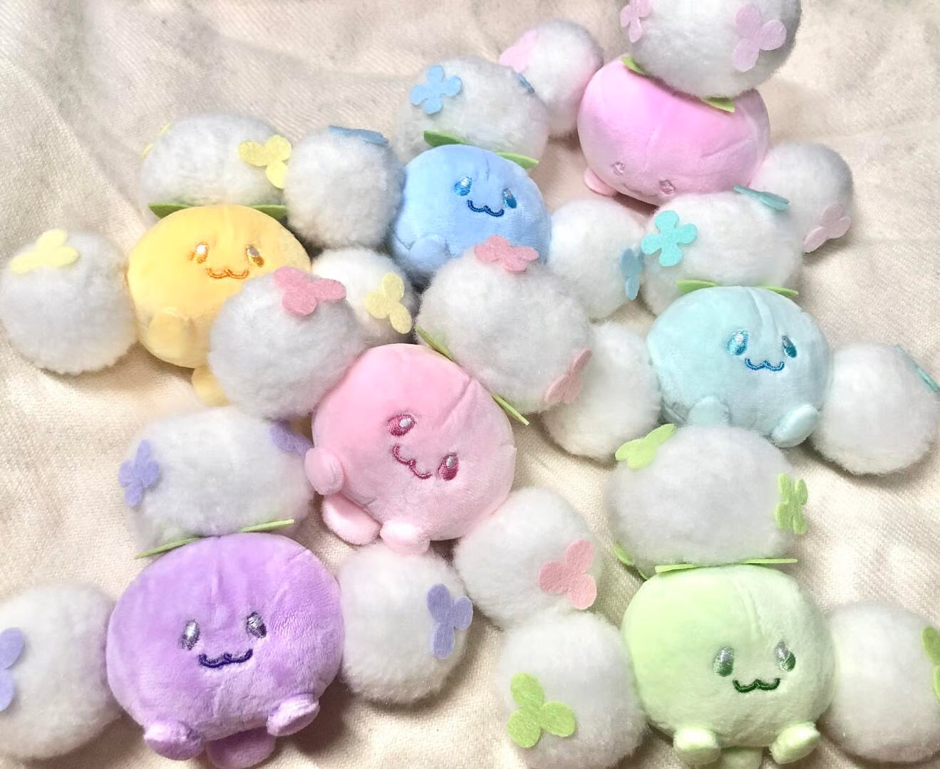Jumpluff-inspired plush made from pastel minky and fluffy white fabric