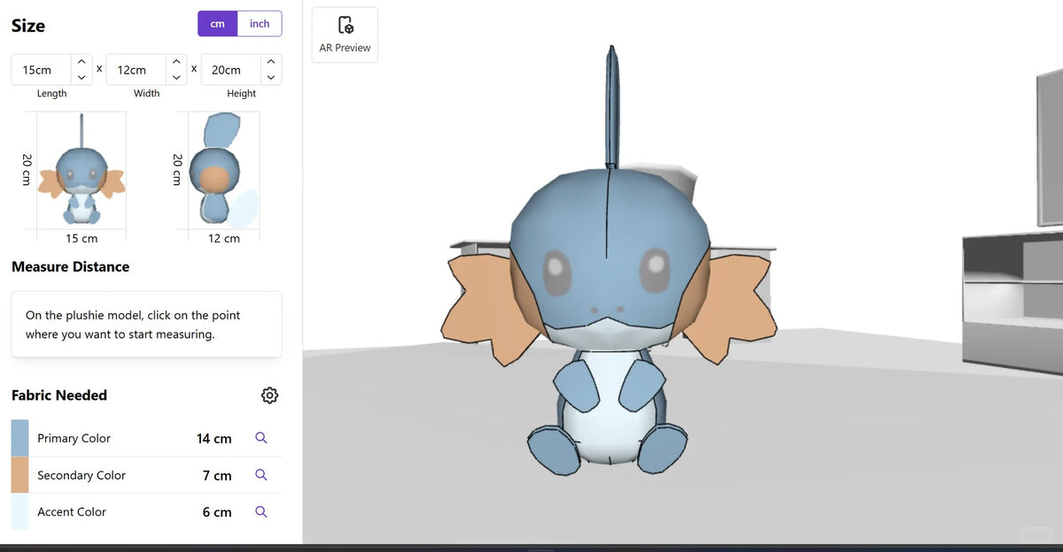 Mudkip plush sewing pattern 3D size preview – approximately 15 × 12 × 20 cm