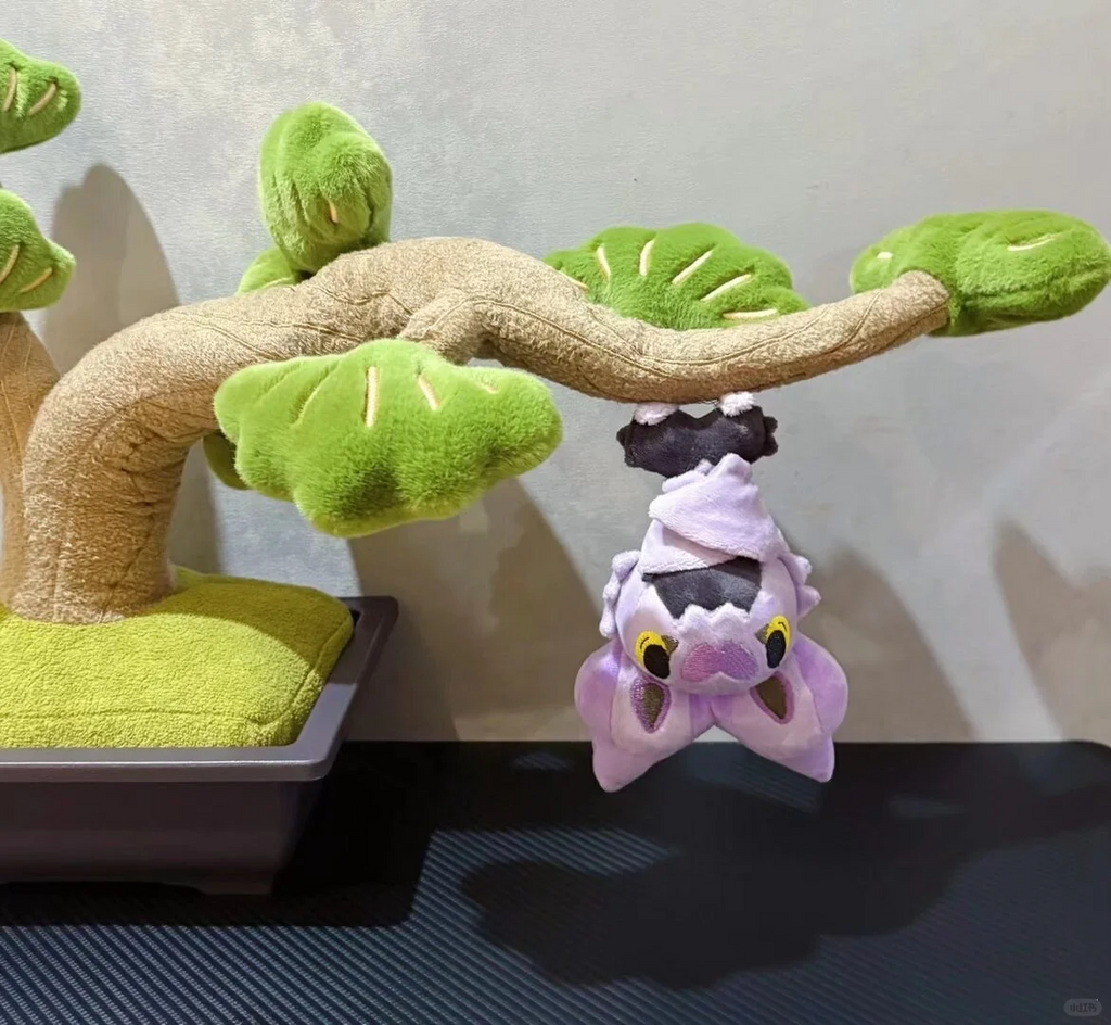 Noibat plush sewing pattern finished purple bat plush hanging upside down