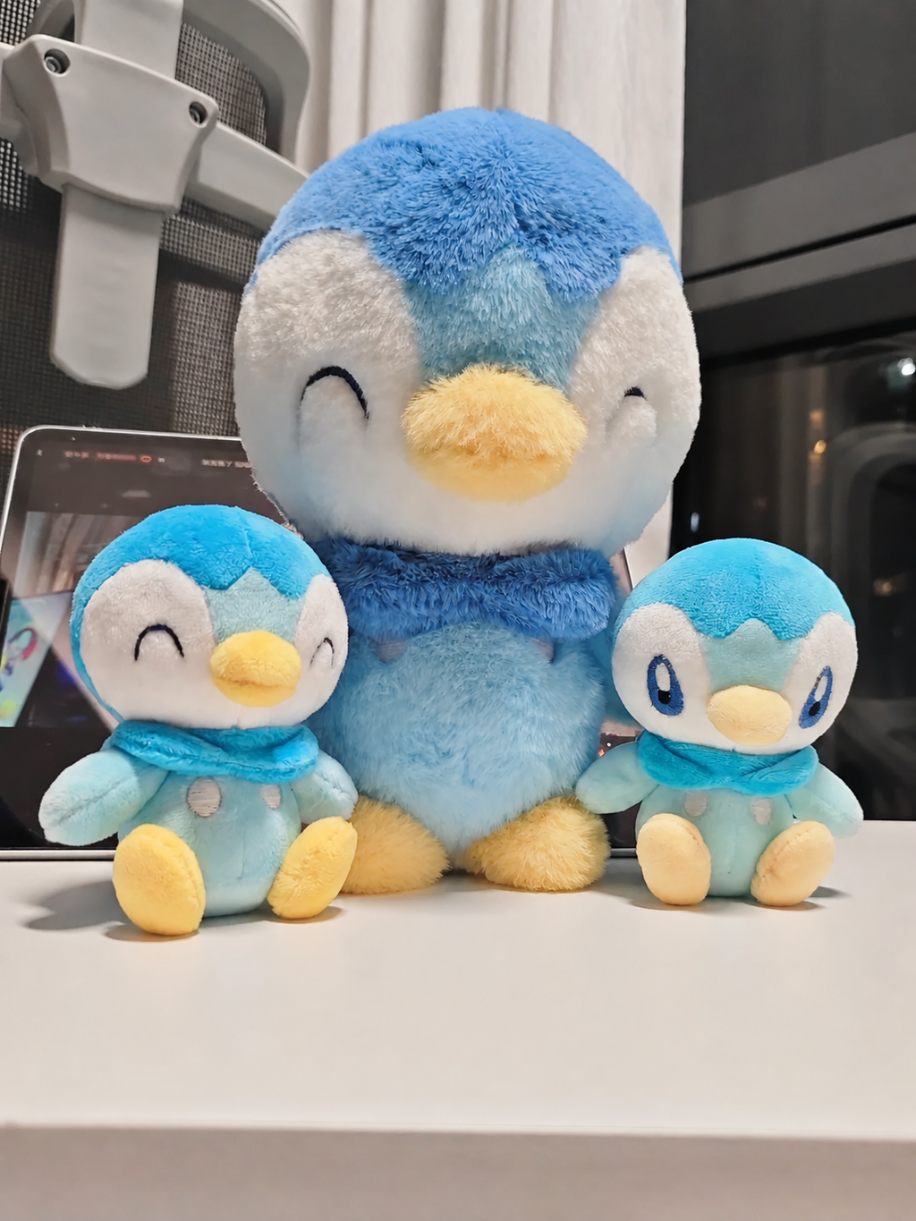 Three handmade Piplup plush toys in different sizes